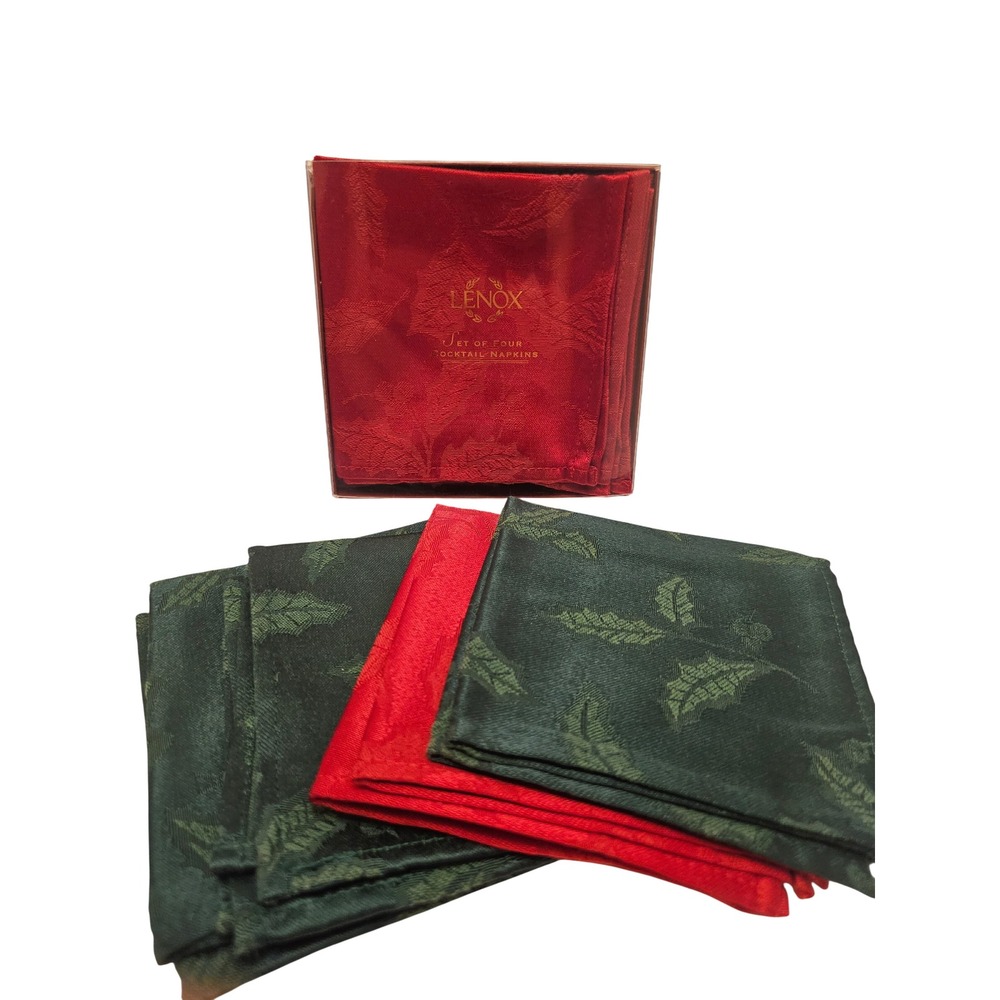 Lenox Holiday Holly Damask Cocktail Napkins Red Green Set of 9 Christmas Linens